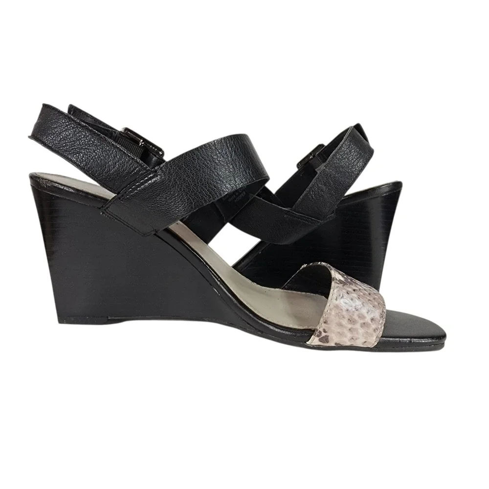 Franco Sarto Hooper Wedge Sandals 9 Black Snake Print Leather Ankle Strap Church